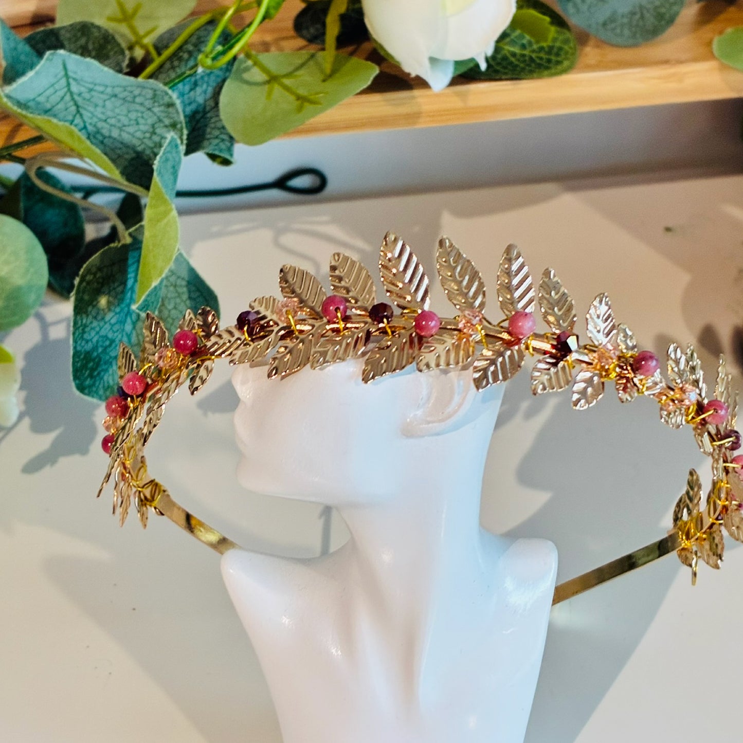 Serre-tête feuilles doré et rose