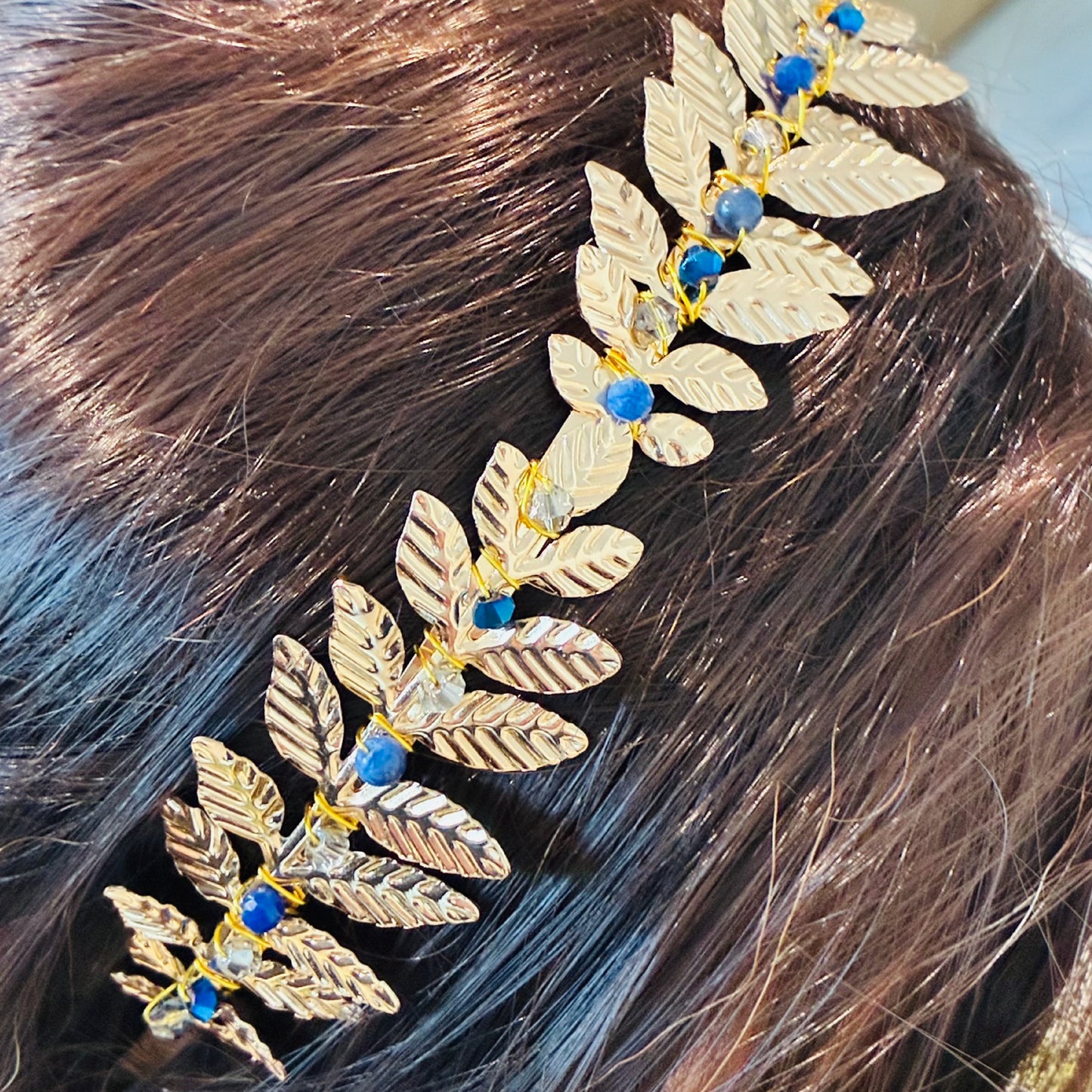 Serre-tête feuilles doré et bleu