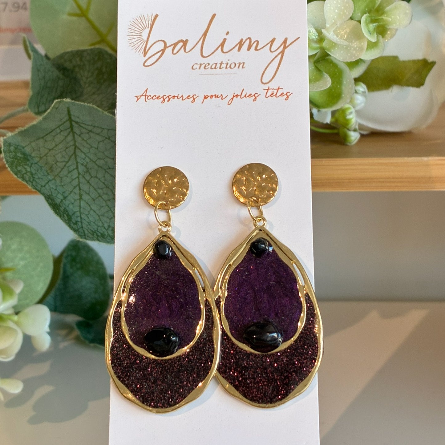 Boucles d'oreilles double dorées prune